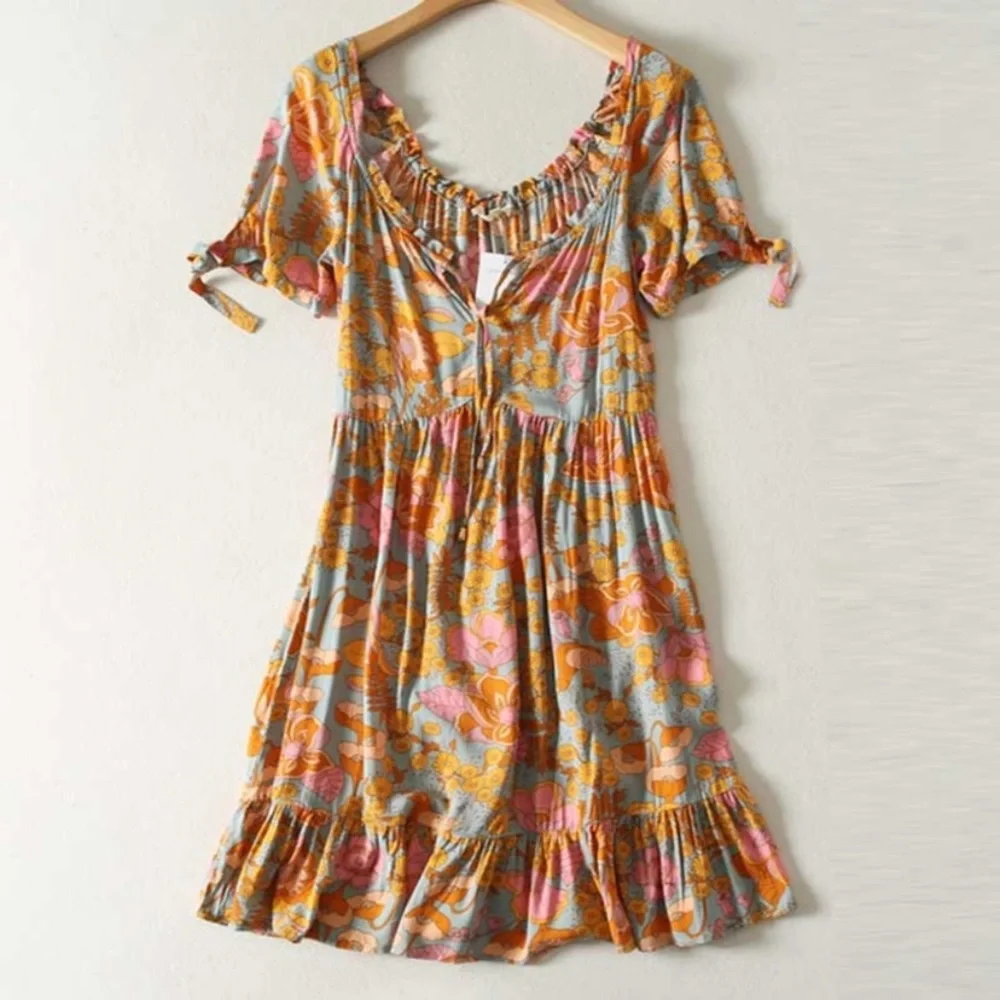 Boho Orange Gypsy Retro Floral Babydoll Dress - Picture 3 of 4